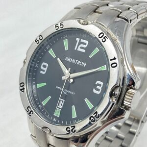 Armitron Watch Men 41mm Silver Tone Date Black Dial Matte Band New Battery 7.5"